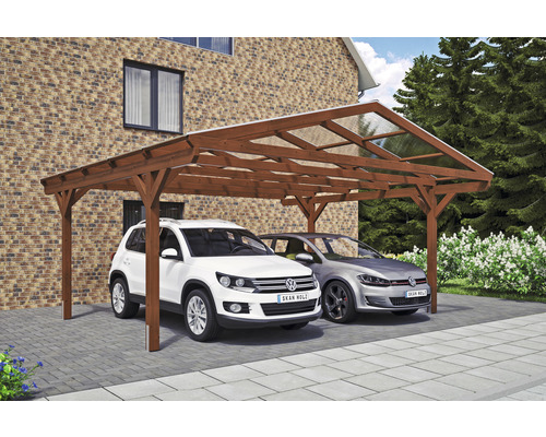 Carport double 2 voitures Skanholz Westerwald avec ancrage pour poteaux 570 x 541 cm noyer