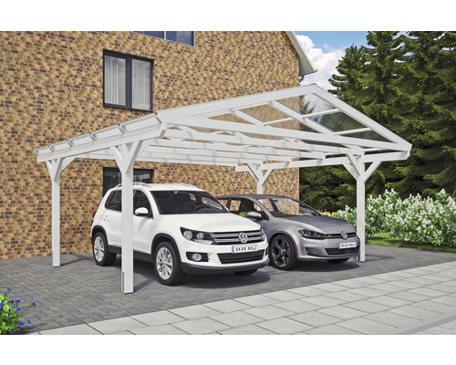 Carport double 2 voitures Skanholz Westerwald avec ancrage pour poteaux 570 x 541 cm blanc