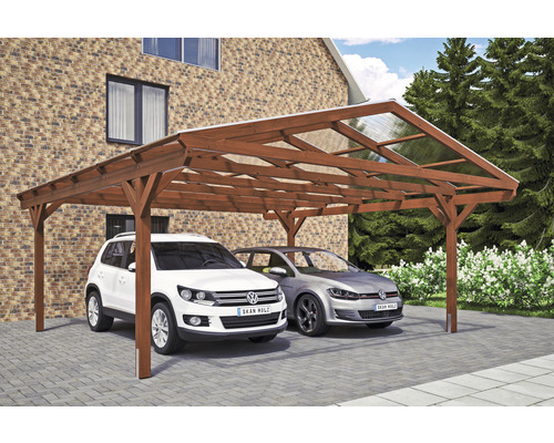 Carport double 2 voitures Skanholz Westerwald avec ancrage pour poteaux 570 x 648 cm noyer