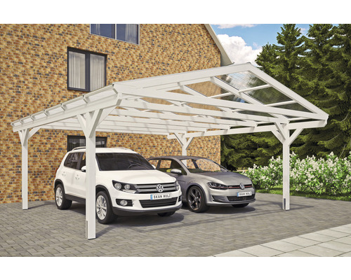 Carport double 2 voitures Skanholz Westerwald avec ancrage pour poteaux 570 x 648 cm blanc