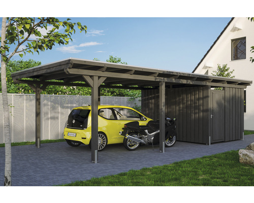 Carport mit Geräteraum, Auto und Motorrad untergestellt