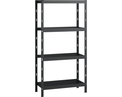 Schwarzes Metallregal mit vier Regalböden zur Aufbewahrung und Organisation