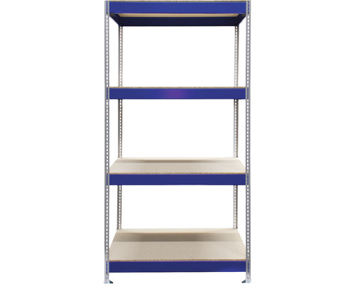 Rayonnage pour charges lourdes Industrial bleu/gris revêtu par poudre 1960x1000x600 mm 4 tablettes en bois séparées avec des poutres en métal et des pieds en métal réglables, capacité de charge 1000 kg