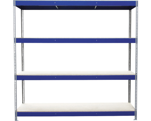 Rayonnage pour charges lourdes Industrial bleu/gris revêtu par poudre 196x200x60 cm 4 tablettes en bois séparées avec des poutres en métal et des pieds en métal réglables, capacité de charge 1000 kg