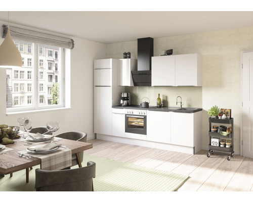Bloc cuisine complète Optifit Arvid986 270 cm façade blanche brillante , corps blanc variante réversible démonté