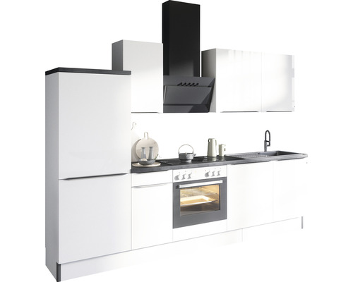 Komplette Küchenzeile mit Kühlschrank, Spüle, Dunstabzugshaube und Elektroherd