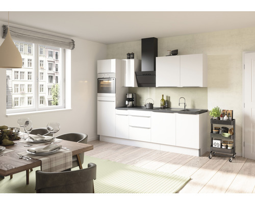 Bloc cuisine complète équipée Optifit Arvid986 270 cm façade blanche brillante , corps blanc variante réversible