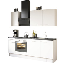 Moderne Küche mit weißen Schränken, Dunstabzugshaube und Geräten