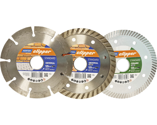 Trois disques à tronçonner Norton Clipper Standard Universal, Universal Turbo et Ceramic Turbo, chacun de 125 millimètres de diamètre