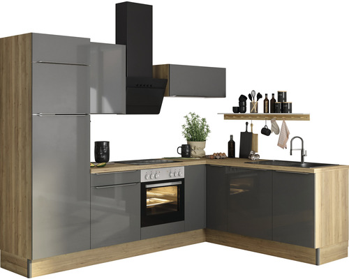 Cuisine en angle Optifit Linus984 270 cm façade anthracite brillante , corps chêne sauvage variante à gauche