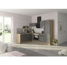 Moderne Küche mit grauen Schränken und Holzstruktur