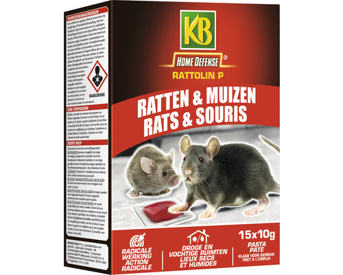 Appâts pour rats et souris KB Rattolin P 15x10g KB Home Defense Rattolin P mort aux rats et souris, emballage