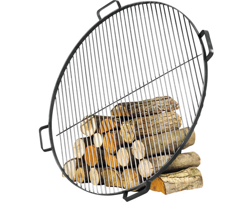 Brasero avec grille de barbecue et bûches