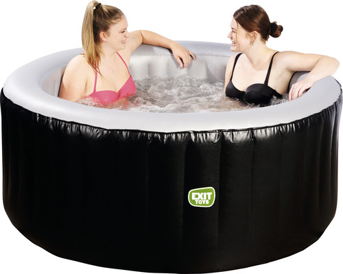 Jacuzzi gonflable noir rond avec deux femmes dans l''eau.