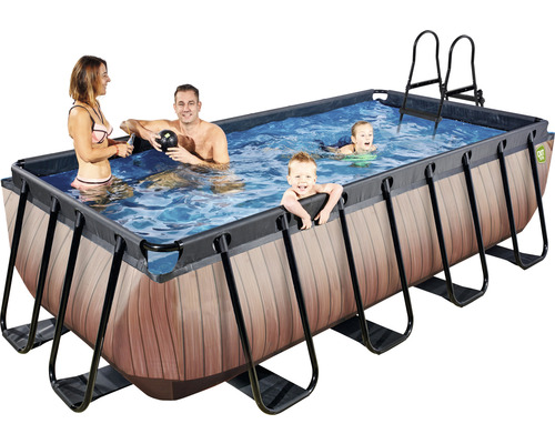 Ensemble de piscine tubulaire hors sol EXIT WoodPool rectangulaire 400x200x100 cm avec épurateur à cartouche & échelle aspect bois
