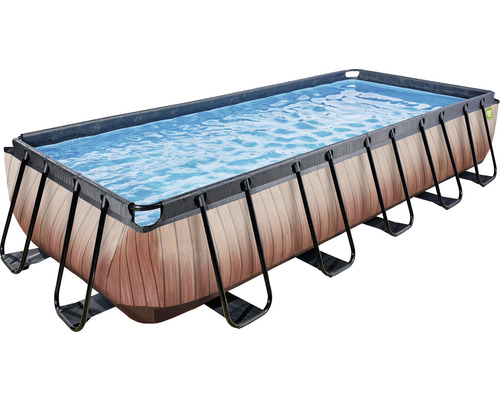 Piscine hors-sol rectangulaire avec aspect bois et cadre en acier