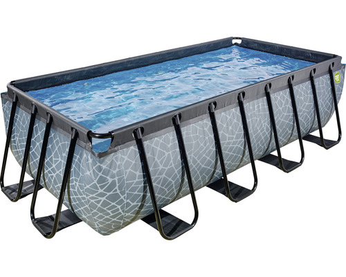 Ensemble de piscine tubulaire hors sol EXIT StonePool rectangulaire 400x200x100 cm avec groupe de filtration à sable et échelle aspect pierre