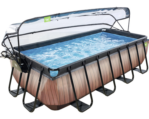 Piscine tubulaire rectangulaire avec aspect bois et toit