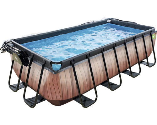 Ensemble de piscine tubulaire hors sol EXIT WoodPool rectangulaire 400x200x100 cm avec groupe de filtration à sable, bâche, pompe à chaleur et échelle aspect bois-0