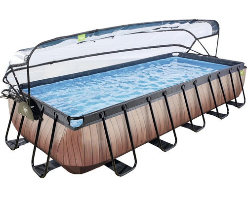 Piscine à cadre rectangulaire aspect bois avec couverture