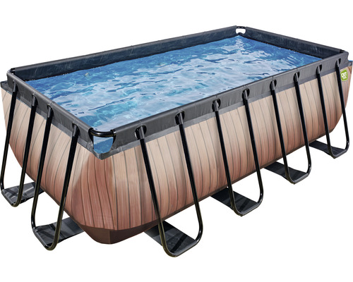 Piscine rectangulaire avec aspect bois et cadre en acier