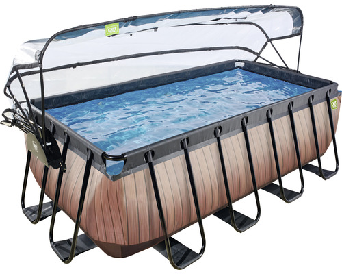Rechteckiger Pool mit Holzoptik und transparenter Abdeckung