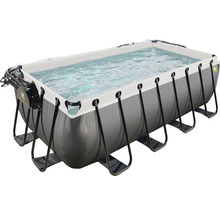 Rechteckiger Aufstellpool mit Stahlrahmen und Wasserfüllung.