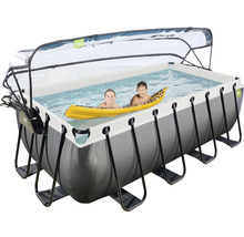 Rechteckiger Stahlrahmenpool mit Überdachung und Kindern im Wasser