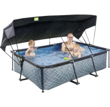 Familienpool mit Sonnenschutzdach und Personen im Wasser