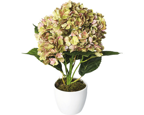 Hortensia artificiel dans un pot blanc