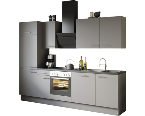 Komplette Küchenzeile mit Hängeschränken, Dunstabzugshaube, Spüle, Herd und Backofen