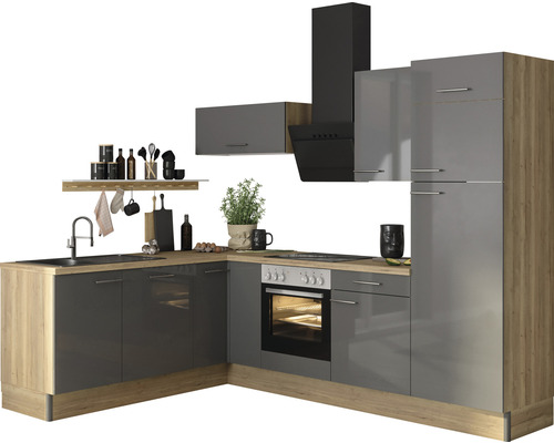 Cuisine d'angle sans appareils Optifit Jonte984 270 cm anthracite brillant démontée variante droite KCJO 2720ROE-8+ Cuisine d'angle sans appareils Optifit Jonte984 270 cm anthracite brillant démontée variante droite KCJO 2720ROE-8+