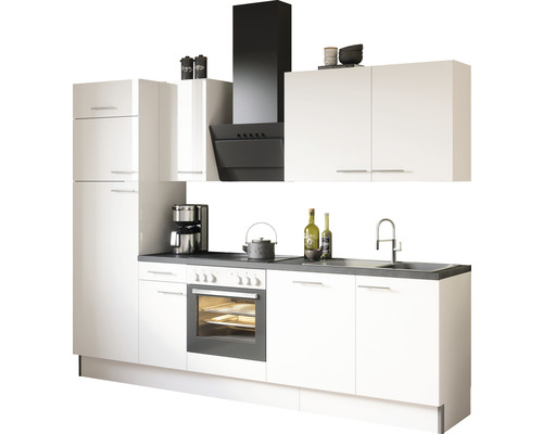 Bloc cuisine complète équipée Optifit Rurik986 270 cm façade blanche brillante , corps blanc variante réversible