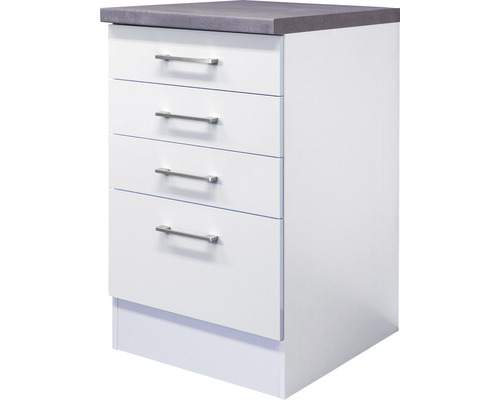 Flex Well Auszugunterschrank Varo BxTxH 50 x 60 x 86 cm weiß matt zerlegt 00010978 Weißer Unterschrank mit vier Schubladen und grauer Abdeckplatte