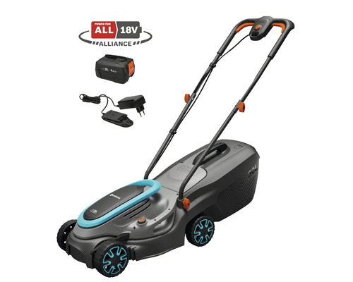 Tondeuse sans fil GARDENA PowerMax 32/18V P4A avec batterie 4 Ah et chargeur Tondeuse à gazon sans fil avec batterie, chargeur et logo Power for All Alliance.
