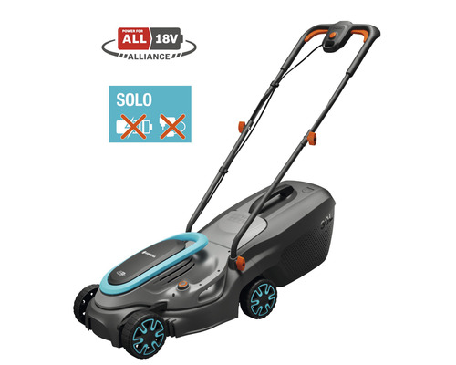 Akku Rasenmäher GARDENA PowerMax 32/18V P4A ohne Akku und Ladegerät Akkurasenmäher mit Power for All 18V Alliance Logo und Solo Symbol.