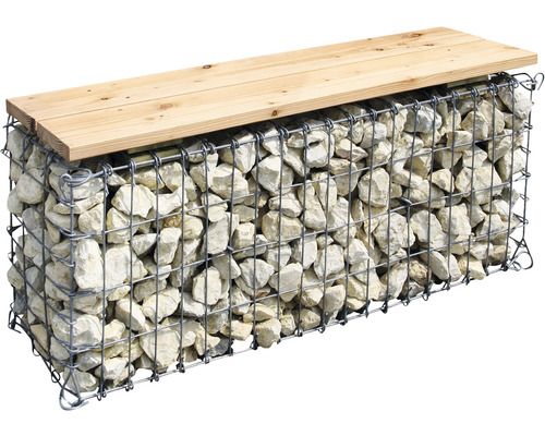 Gabionenbank mit Steinen und Holzauflage