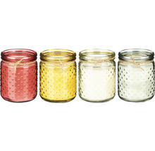 Quatre bougies parfumées décoratives en verre avec motif à pois et ficelle de jute