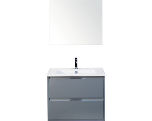 Badmöbel-Set Sanox Porto BxHxT 71 x 170 x 51 cm Frontfarbe eisgrün mit Waschtisch Keramik weiß und Keramik-Waschtisch Spiegel Waschtischunterschrank