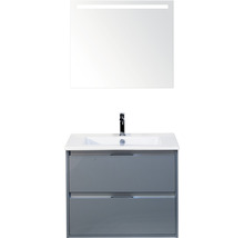 Badmöbel-Set Sanox Porto BxHxT 71 x 170 x 51 cm Frontfarbe eisgrün mit Waschtisch Keramik weiß und Keramik-Waschtisch Spiegel mit LED-Beleuchtung Waschtischunterschrank