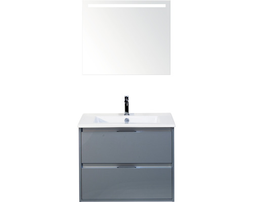 Badmöbel-Set Sanox Porto BxHxT 71 x 170 x 51 cm Frontfarbe eisgrün mit Waschtisch Keramik weiß und Keramik-Waschtisch Spiegel mit LED-Beleuchtung Waschtischunterschrank