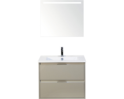 Set de meubles de salle de bains Sanox Porto lxhxp 71 x 170 x 51 cm couleur de façade gris silex avec vasque céramique blanc et vasque céramique miroir avec éclairage LED meuble sous vasque