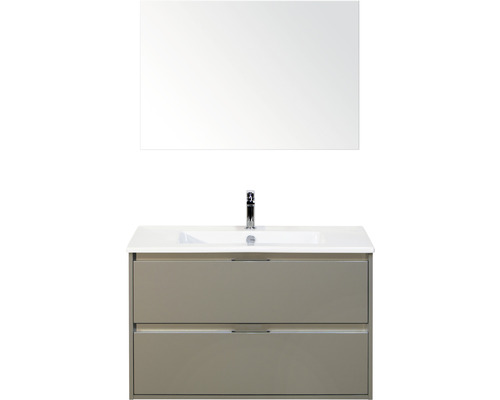 Badmöbel-Set Sanox Porto BxHxT 91 x 170 x 51 cm Frontfarbe cubanit grey mit Waschtisch Keramik weiß und Keramik-Waschtisch Spiegel Waschtischunterschrank Badezimmer Waschbeckenunterschrank mit zwei Schubladen, Waschbecken und Spiegel
