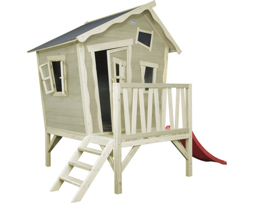 Holzspielhaus mit Rutsche, Treppe und Geländer für Kinder