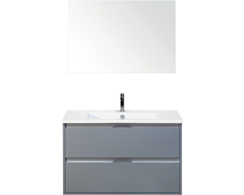 Badmöbel-Set Sanox Porto BxHxT 91 x 170 x 51 cm Frontfarbe eisgrün mit Waschtisch Keramik weiß und Keramik-Waschtisch Spiegel Waschtischunterschrank