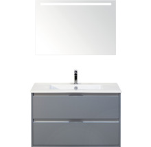 Badmöbel-Set Sanox Porto BxHxT 91 x 170 x 51 cm Frontfarbe eisgrün mit Waschtisch Keramik weiß und Keramik-Waschtisch Spiegel mit LED-Beleuchtung Waschtischunterschrank