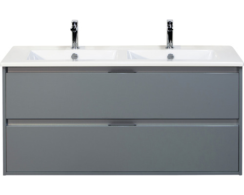 Badmöbel-Set Sanox Porto BxHxT 121 x 170 x 51 cm Frontfarbe eisgrün mit Waschtisch Keramik weiß und Keramik-Doppelwaschtisch Spiegel Waschtischunterschrank