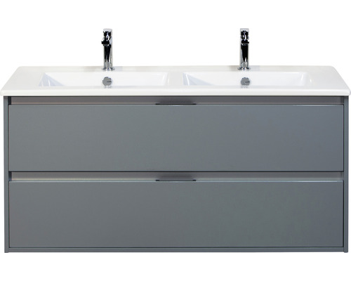 Badmöbelset 3-teilig Doppelbadmöbel Sanox Porto BxHxT 121 x 170 x 51 cm Frontfarbe eisgrün mit Waschtisch Keramik weiß und Keramik-Doppelwaschtisch Spiegel Waschtischunterschrank Griff chrom matt 84730051 Waschtischunterschrank mit zwei Waschbecken und zwei Schubladen
