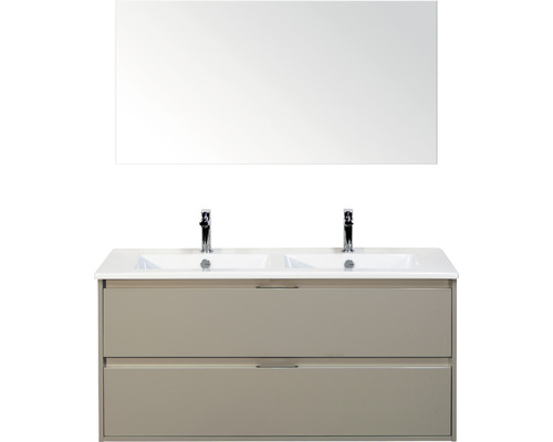 Badmöbel-Set Sanox Porto BxHxT 121 x 170 x 51 cm Frontfarbe kieselgrau mit Waschtisch Keramik weiß und Keramik-Doppelwaschtisch Spiegel Waschtischunterschrank