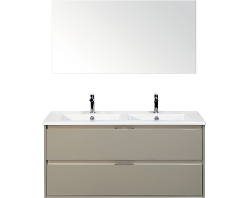 Set de meubles de salle de bains Sanox Porto lxhxp 121 x 170 x 51 cm couleur de façade gris silex avec vasque céramique blanc et vasque double céramique miroir meuble sous vasque